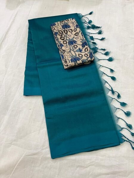 Mangalagiri plain Pattu sarees with cotton Kalamkari blouse piece