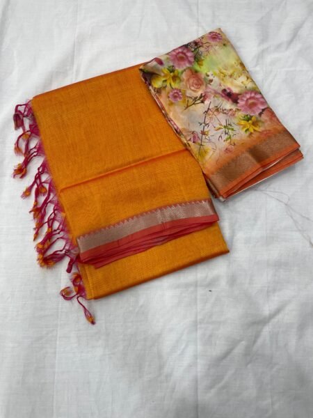 Mangalagiri cotton by pattu 50 x 50 small nizam border sarees with digital print blouse