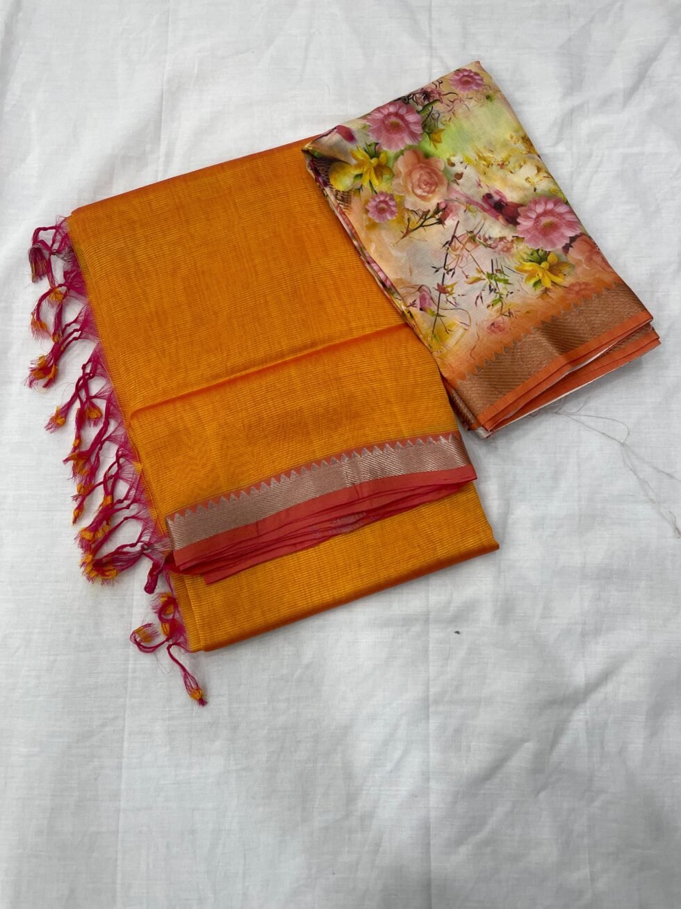 Mangalagiri cotton by pattu 50 x 50 small nizam border sarees with digital print blouse