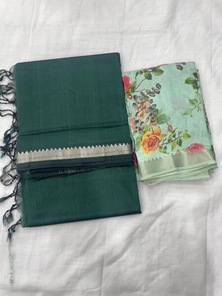 Mangalagiri cotton by pattu 50 x 50 small nizam border sarees with digital print blouse