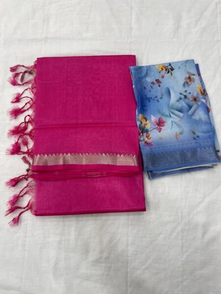Mangalagiri cotton by pattu 50 x 50 small nizam border sarees with digital print blouse