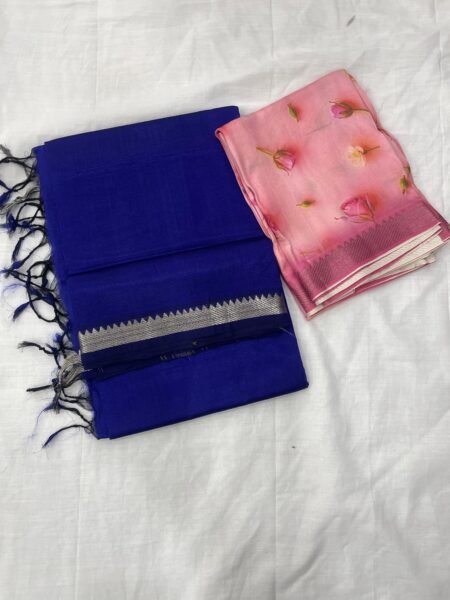 Mangalagiri cotton by pattu 50 x 50 small nizam border sarees with digital print blouse