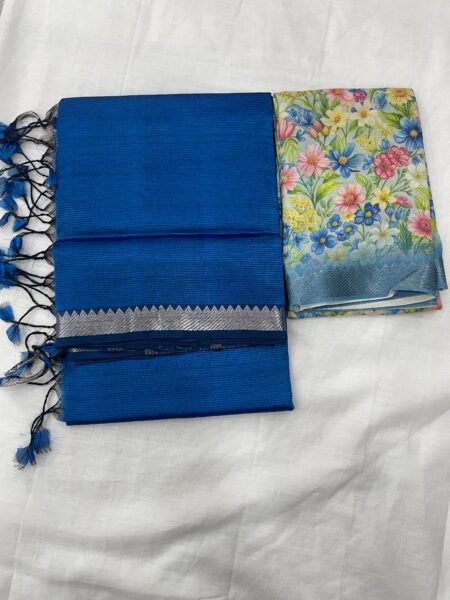 Mangalagiri cotton by pattu 50 x 50 small nizam border sarees with digital print blouse