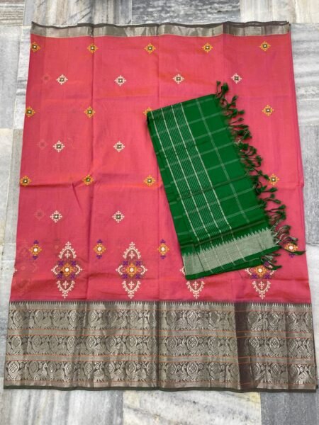 Mangalagiri 300 k Kanchi border pure Pattu Lehenga sets with embroidery works